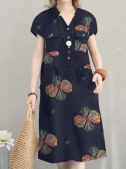 Vintage Floral Print Notch Neck Drawstring Waist Cotton Dress