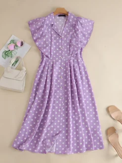 Dot Print Ruffle Sleeve Button Front Lapel Dress