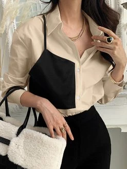 Contrast Panel Button Front Long Sleeve Lapel Shirt -Zanzea Shop 6a0c1a08 9028 48d1 ae3b fe775ef545dc