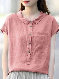 Solid Cotton Button Front Pocket Lapel Short Sleeve Blouse -Zanzea Shop 6a4bc5b7 5c3c 48ac 9cd9 c8a9c1eda78f