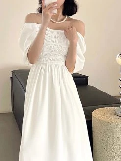 Solid Shirred Puff Sleeve Square Collar Maxi Dress