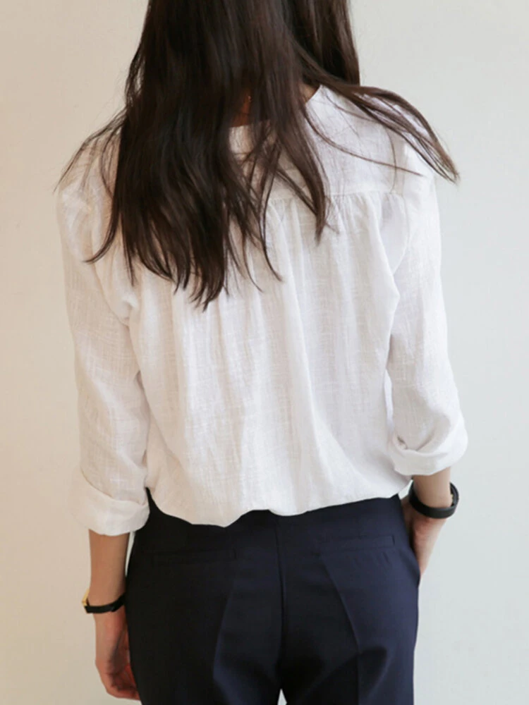 Solid V-neck Pocket Long Sleeve Women Casual Blouse 2 Solid V-neck Pocket Long Sleeve Women Casual Blouse - Image 2