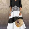 Striped Patchwork Button Front Maxi Dress For Women
