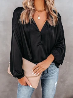 Solid Satin Long Sleeve Tie Front V-neck Blouse -Zanzea Shop 6b15f956 98d4 4939 9d44 75fbfff5c13f