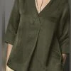 Women Solid V-Neck Pleated Satin 3/4 Sleeve Blouse