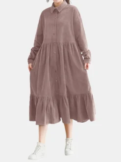 Solid Color Corduroy Patchwork Button Loose Casual Dress