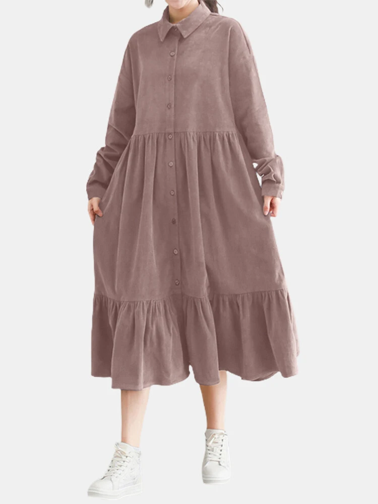 Solid Color Corduroy Patchwork Button Loose Casual Dress 1 Solid Color Corduroy Patchwork Button Loose Casual Dress