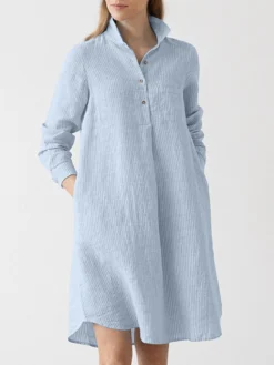 Stripe Print Pocket Button Half Placket Lapel Shirt Dress