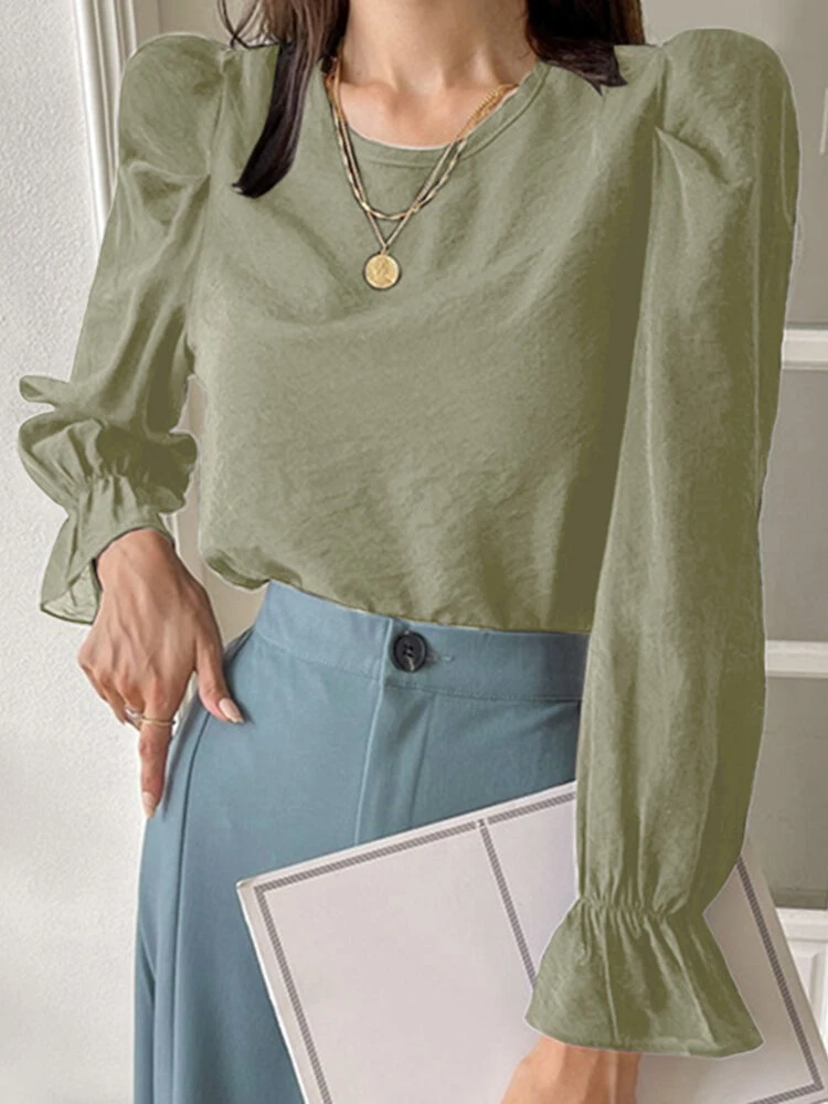 Solid Long Puff Sleeve Crew Neck Blouse 4 Solid Long Puff Sleeve Crew Neck Blouse - Image 4