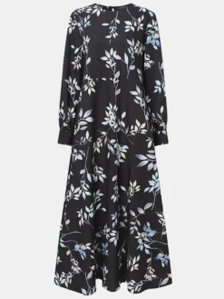 Leaves Print O-neck Long Sleeve Casual Muslim Dress For Women