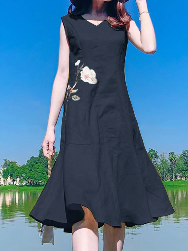 Women Floral Embroidered V-Neck Ruffle Hem Cotton Sleeveless Dress 4 Women Floral Embroidered V-Neck Ruffle Hem Cotton Sleeveless Dress - Image 4