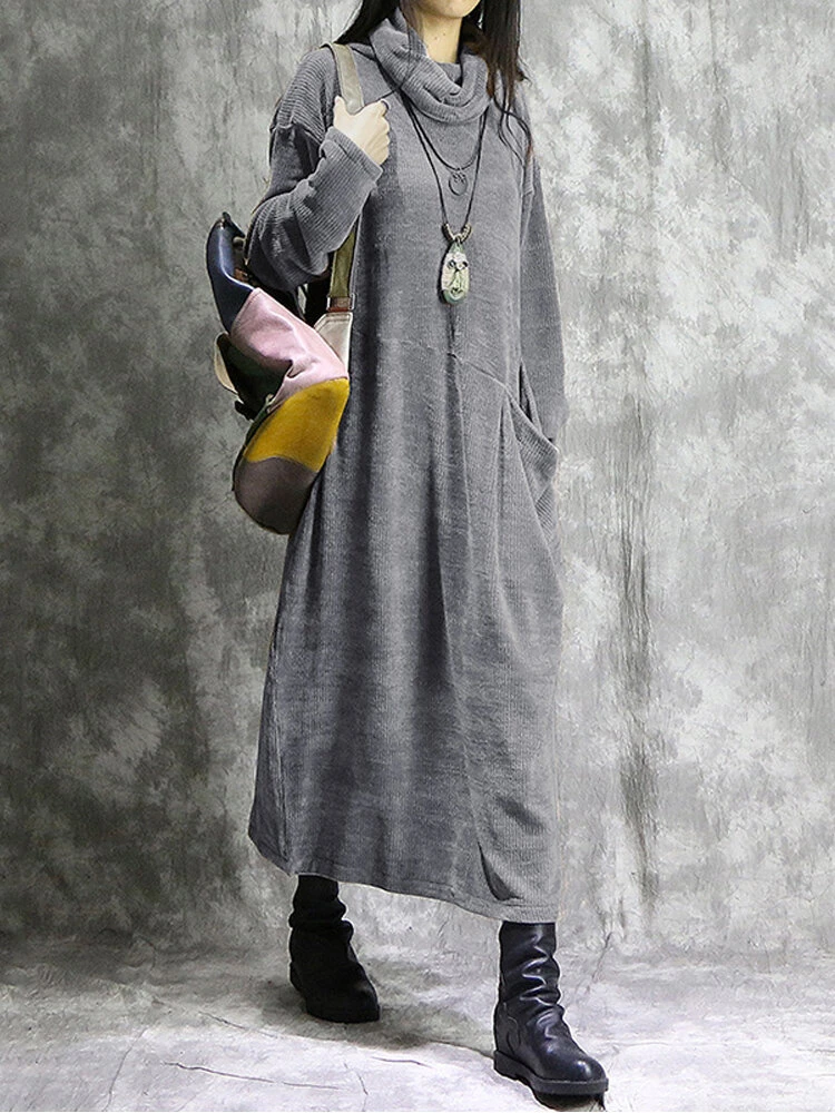 Vintage Corduroy Pocket Long Sleeve Casual Midi Dress 4 Vintage Corduroy Pocket Long Sleeve Casual Midi Dress - Image 4