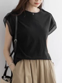 Solid Lace Trim Stitch Crew Neck Short Sleeve T-shirt -Zanzea Shop 6c356331 f54d 4ab5 aec9 3f1db958c17d