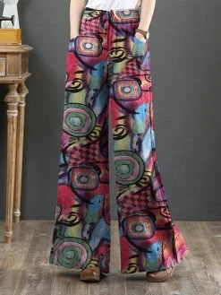 Abstract Pattern Pocket Drawstring Elastic Waist Loose Pants