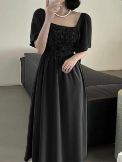 Solid Shirred Puff Sleeve Square Collar Maxi Dress -Zanzea Shop 6c5d8086 b047 46ef a9e3 d3f8ddb821d4