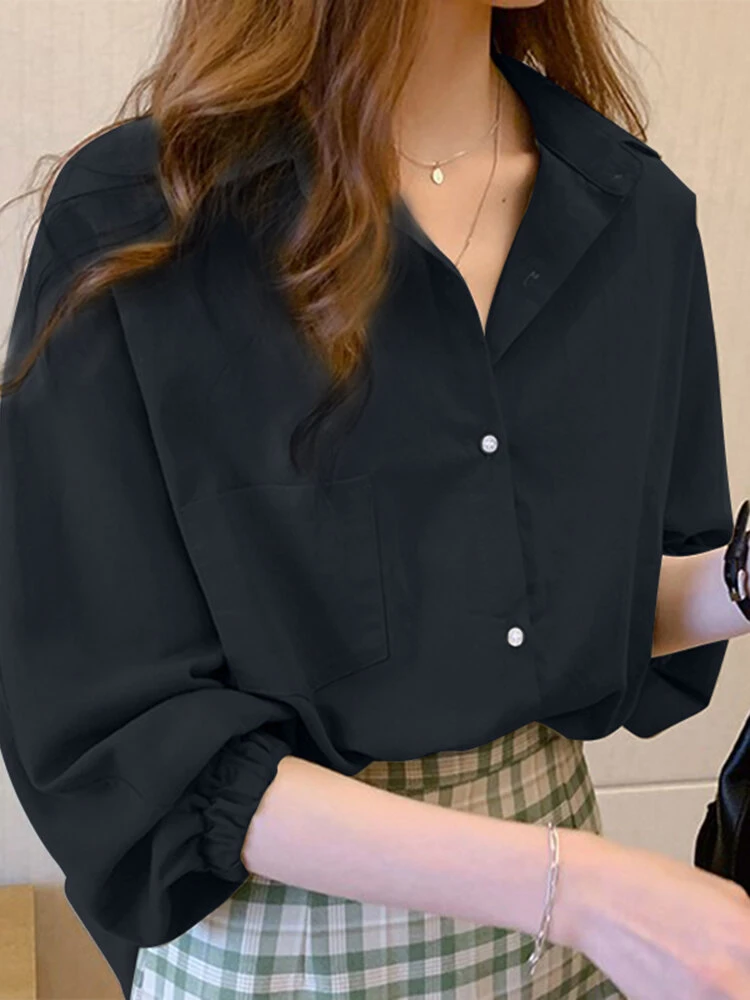 Solid 3/4 Sleeve Pocket Lapel Blouse For Women 4 Solid 3/4 Sleeve Pocket Lapel Blouse For Women - Image 4