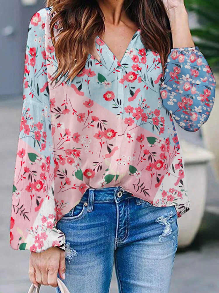 Floral Print Long Sleeve V-neck Blouse For Women 2 Floral Print Long Sleeve V-neck Blouse For Women - Image 2