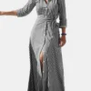 Striped Print Waistband Button Long Sleeve Casual Dress For Women