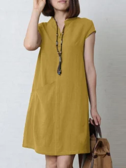 Solid Pocket Short Sleeve V-neck Dress For Women -Zanzea Shop 6c9b7502 609e 4065 8521 3e5289cde11f