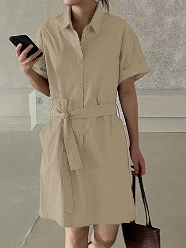 Solid Button Front Pocket Cargo Shirt Dress With Belt 3 Solid Button Front Pocket Cargo Shirt Dress With Belt - Image 3