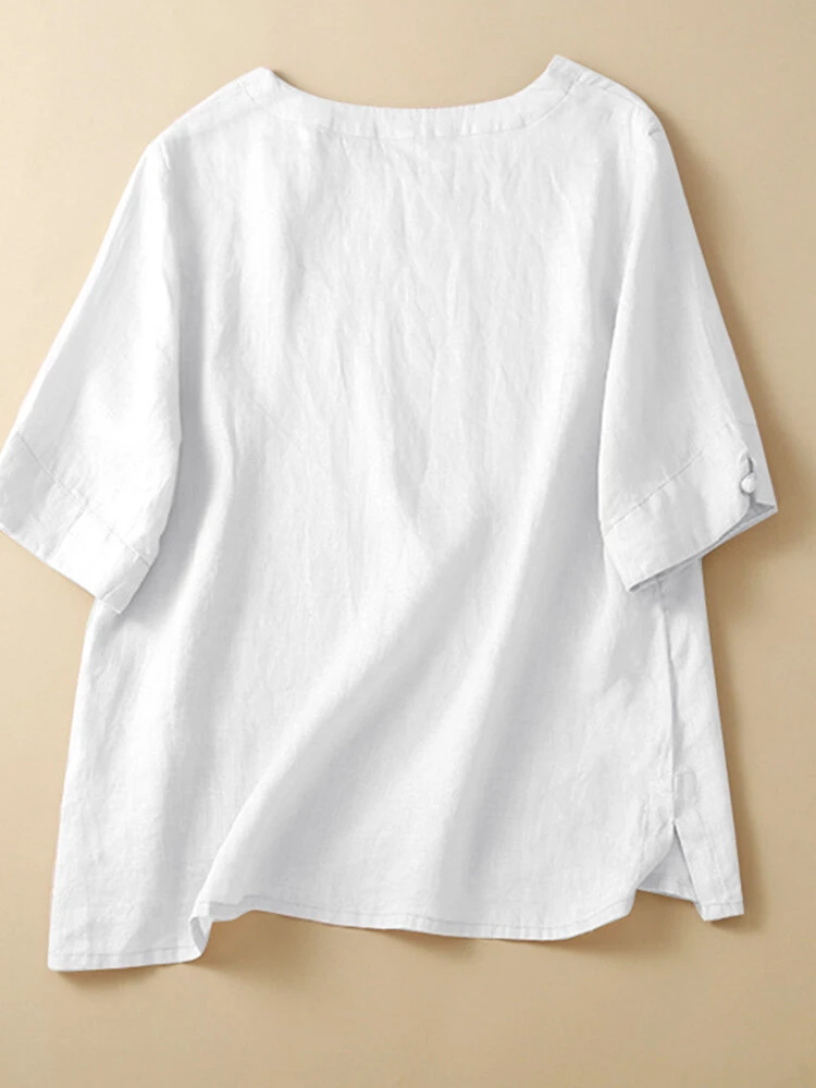 Women Solid Bowknot Button Detail Side Split Blouse 2 Women Solid Bowknot Button Detail Side Split Blouse - Image 2