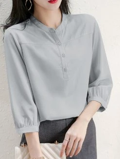 Solid Button 3/4 Sleeve Stand Collar Blouse For Women 15 Solid Button 3/4 Sleeve Stand Collar Blouse For Women -Zanzea Shop 6ce28f33 56dc 4326 95e1 f7374364fc4e