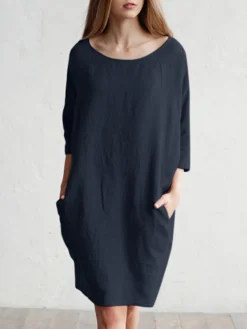 Solid Color 3/4 Sleeve O-neck Pocket Cotton Dress -Zanzea Shop 6d0fae7a 0c17 4cc9 bf1a 86bffeaf0344