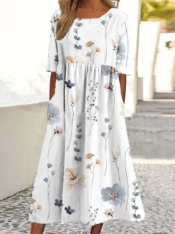 Women Floral Plant Print Crew Neck Half Sleeve Dress