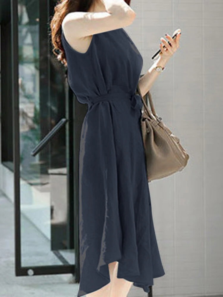 Solid Sleeveless Button Back Midi Dress With Belt 6 Solid Sleeveless Button Back Midi Dress With Belt - Image 6