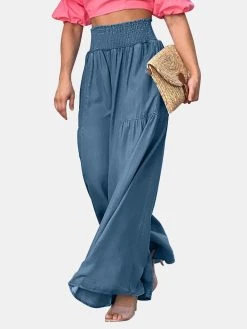 Solid Shirred High Waist Loose Wide Leg Pants