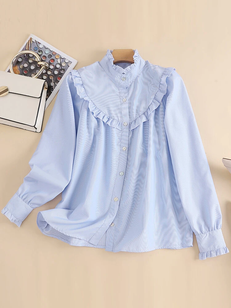 Stripe Print Ruffle Trim Button Front Long Sleeve Blouse 1 Stripe Print Ruffle Trim Button Front Long Sleeve Blouse