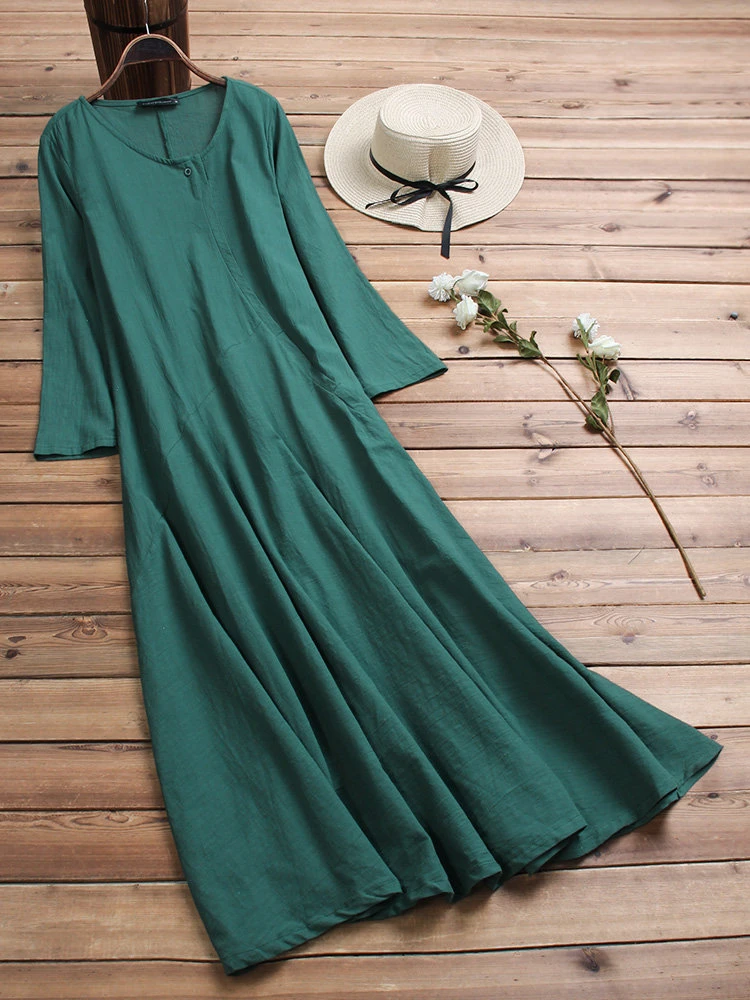 Women Vintage Cotton Tunic Baggy Long Sleeve Maxi Dress 2 Women Vintage Cotton Tunic Baggy Long Sleeve Maxi Dress - Image 2