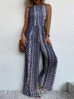 Women Geometric Print Crew Neck Sleeveless Bohemian Wide Leg Jumpsuit -Zanzea Shop 6dee98ce 3b28 4823 a1aa a92e623c25ed