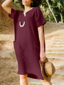 Solid Short Sleeve Pocket V-neck Dress For Women -Zanzea Shop 6e1b0b41 db91 4a64 a716 2c9220224c1a