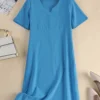 Women Solid Notched Neck Cotton Short Sleeve Dress