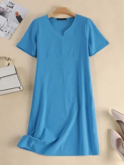 Women Solid Notched Neck Cotton Short Sleeve Dress