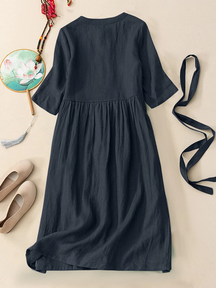 Solid Frog Button Half Sleeve Vintage Dress With Belt 4 Solid Frog Button Half Sleeve Vintage Dress With Belt - Image 4