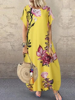 Casual Flowers Print Short Sleeve Plus Size Dress