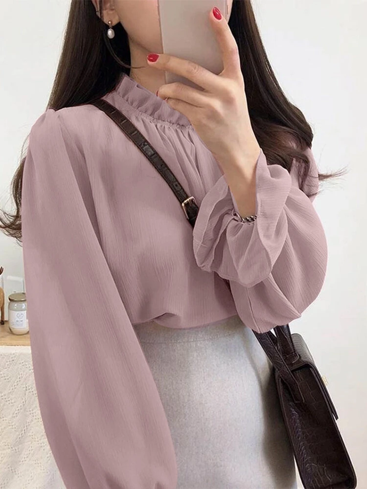 Solid Puff Sleeve Ruffle Stand Collar Chiffon Blouse 3 Solid Puff Sleeve Ruffle Stand Collar Chiffon Blouse - Image 3