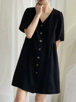 Cotton Solid Button Short Sleeve V-neck Casual Dress -Zanzea Shop 6eb00cdf f4d4 4d0f 815a 7dedc37d5622
