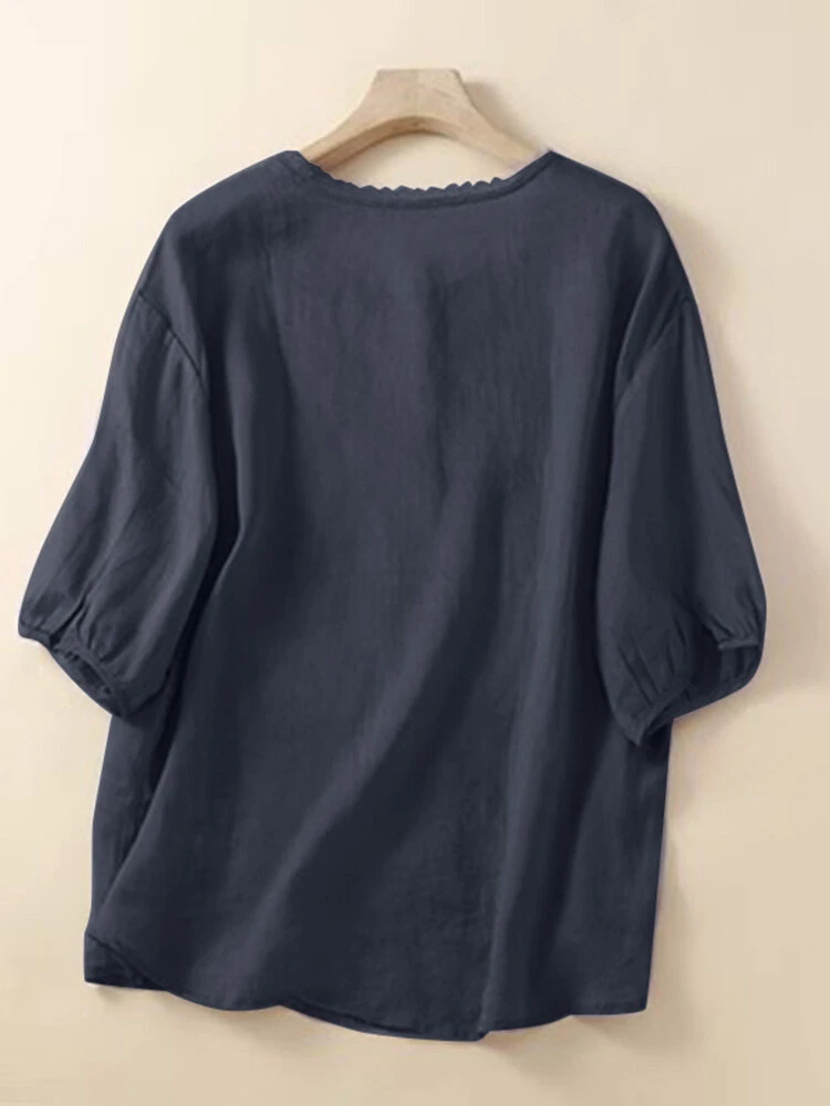 Women Lace Trim Plain Button Up Cotton 3/4 Sleeve Shirt 4 Women Lace Trim Plain Button Up Cotton 3/4 Sleeve Shirt - Image 4