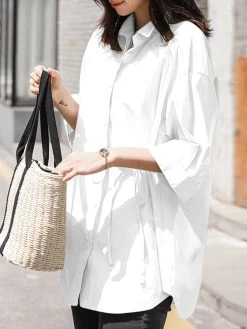 Solid Button Front Tie Lapel 3/4 Sleeve Loose Blouse -Zanzea Shop 6ee4b363 13c8 435f 9f14 91519a352114