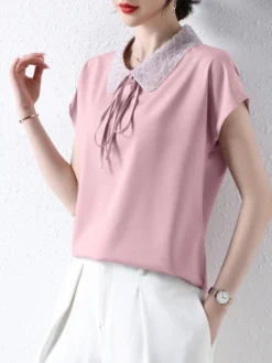 Women Bead Lapel Tie Casual Short Sleeve Blouse -Zanzea Shop 6ef6b990 7ce4 435b 9b04 6b4be4b20884