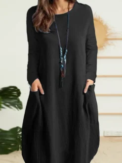 Solid Dual Pocket Long Sleeve Crew Neck Vintage Dress -Zanzea Shop 6f135d07 ca42 49bb ac85 2799b391cdef