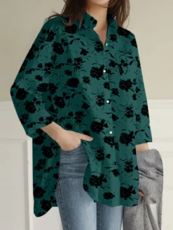 Women Allover Rose Print Lapel High-Low Hem Long Sleeve Shirt -Zanzea Shop 6f43d70b a93f 4674 9ef6 5bb900612e29