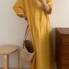 Solid Long Sleeve Round Neck Casual Cotton Maxi Dress