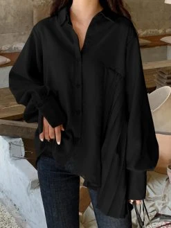 Solid Irregular Pleated Long Sleeve Lapel Button Down Shirt -Zanzea Shop 6f72daed 5fb8 4dd3 9046 6ca2013f2826