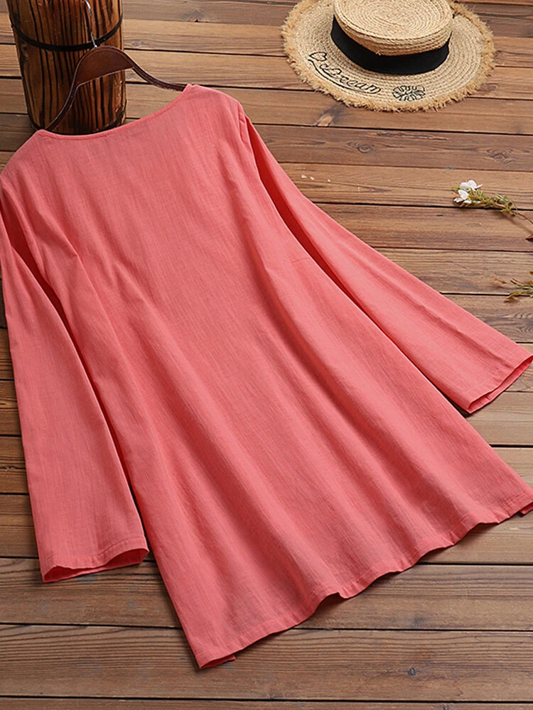 Women Solid Cotton High-Low Hem Long Sleeve Blouse 5 Women Solid Cotton High-Low Hem Long Sleeve Blouse - Image 5