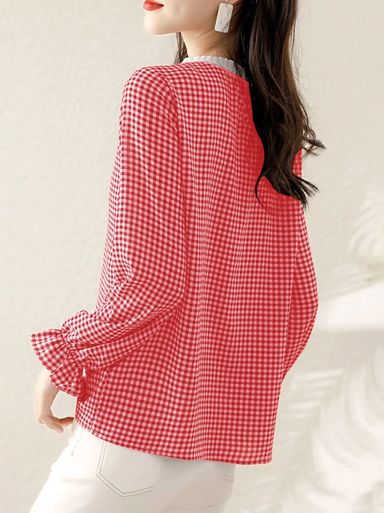Check Print Long Sleeve Crew Neck Panel Blouse 6 Check Print Long Sleeve Crew Neck Panel Blouse - Image 6