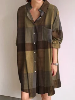 Plaid Color Block Pocket Front Long Shirt Dress